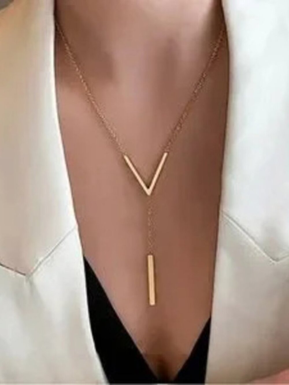 Gold Stainless Steel V-Shaped Lariat Necklace